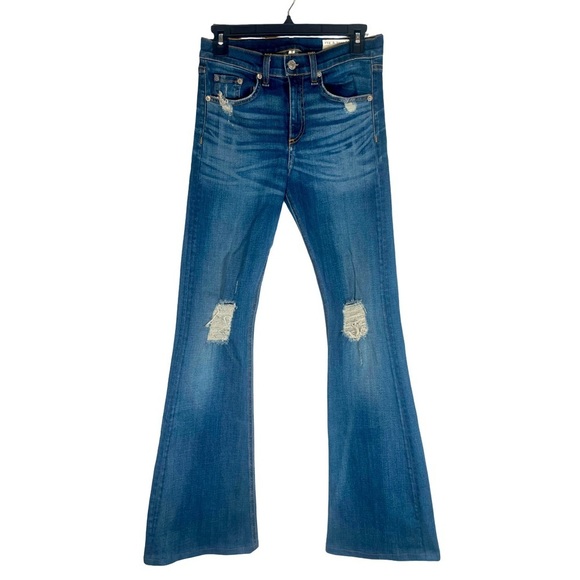 RAG & BONE Beckett 10 Inch Bell Flare Distressed Jeans Blue Women’s Sz 27 Boho - Picture 1 of 14
